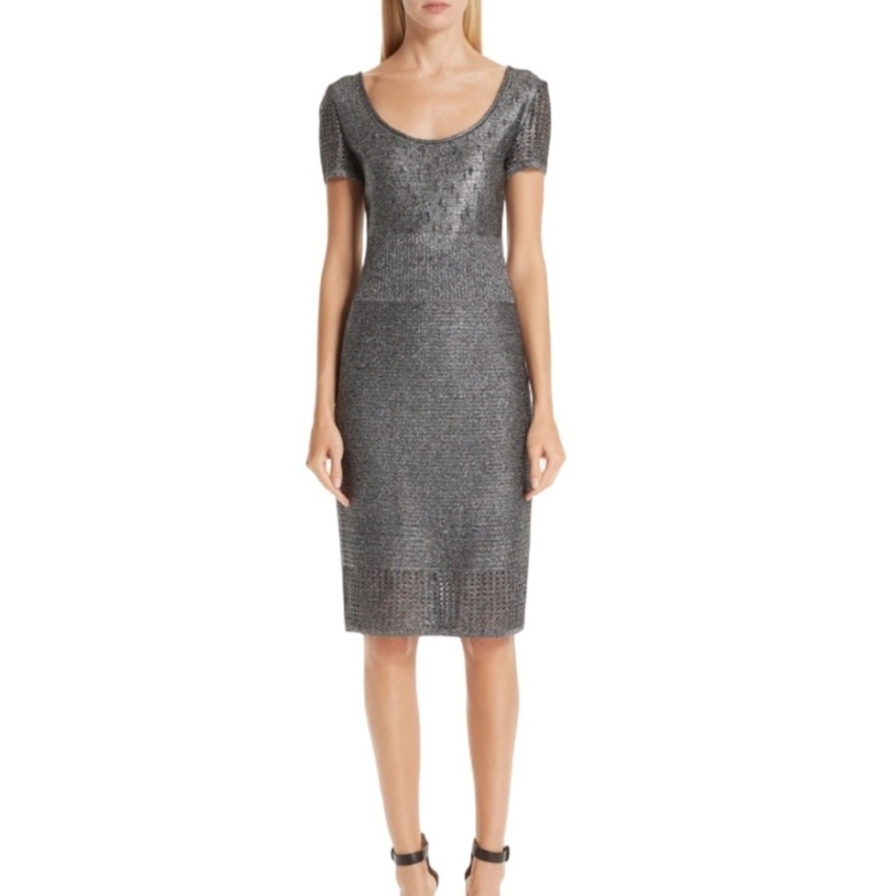 St John Collection Metallic Plaited Mixed Knit Dress